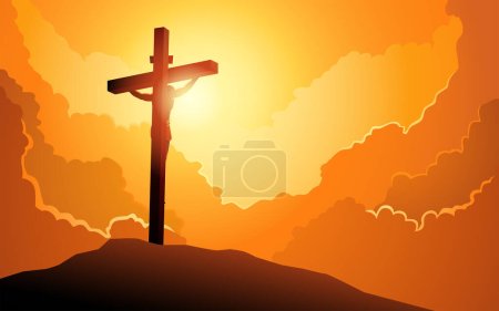 Série d'illustrations vectorielles bibliques, vue arrière de Jésus sur la croix portant une couronne d'épines