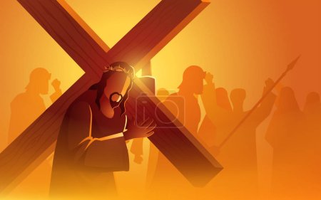 Illustration for Jesus carrying his cross, as the people of Jerusalem cheer to mock him. Captures a pivotal moment in the Christian narrative, symbolizing themes of suffering, ridicule, and the weight of faith - Royalty Free Image
