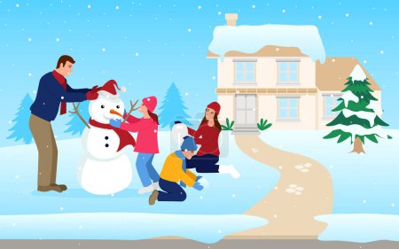 Illustration for Parents playing joyfully with their children during the winter season. Captures the essence of family bonding, outdoor fun, and the magic of Christmas - Royalty Free Image