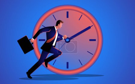 Téléchargez les photos : Homme d'affaires courant avec une horloge géante comme arrière-plan. Symbole les thèmes de la gestion du temps, de l'efficacité, de l'urgence, de l'importance, des décisions opportunes dans les affaires et de la poursuite acharnée du succès - en image libre de droit