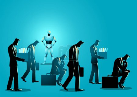 Ilustración de Ilustración que retrata la amenaza de IA que se avecina, encarnada por un robot que supera los roles de trabajo humano. Representación de la evolución de la automatización y su impacto potencial en el empleo - Imagen libre de derechos