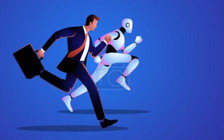 Illustration for Conceptual illustration of a businessman racing against robot, depiction of human ingenuity challenging technological advancement. Innovation and the quest for excellence in modern business - Royalty Free Image