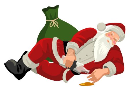 Téléchargez les illustrations : Homme en costume de Père Noël dans un état d'ivresse, tenant une bouteille d'alcool vide. Cette image satirique touche à la juxtaposition de la joie des fêtes et des défis auxquels sont confrontés les crises sociales et économiques - en licence libre de droit