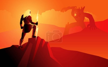 Illustration for Greek mythology depicting the battle between Zeus, the king of the gods, and Kronos, the titan ruler. Make this illustration an addition to projects related to mythology, history, or storytelling - Royalty Free Image