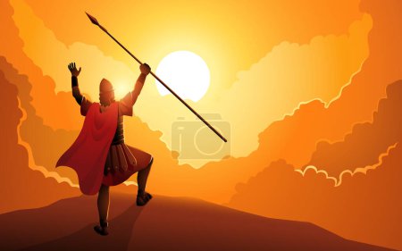 Serie de ilustración vectorial bíblica, que representa el momento en que Josué ordenó que el sol se detuviera