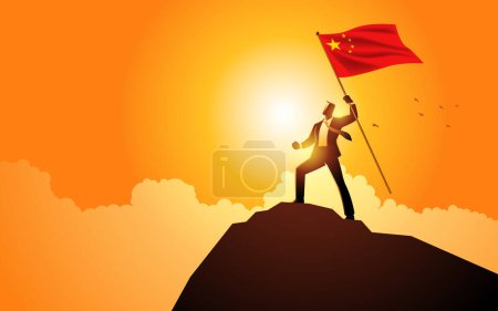 Ilustración de Visionario hombre de negocios de pie triunfante sobre una cima de la montaña, orgullosamente sosteniendo la bandera de la República Popular China. Simboliza el éxito, el liderazgo y el espíritu empresarial - Imagen libre de derechos