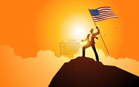 Ilustración de Visionario hombre de negocios de pie triunfante sobre una cima de la montaña, orgullosamente sosteniendo la bandera de los Estados Unidos. Simboliza el éxito, el liderazgo y el espíritu empresarial - Imagen libre de derechos