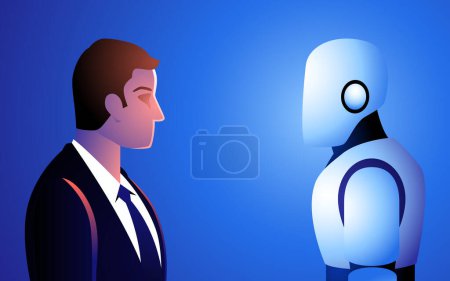 Illustration for Businessman in a face-to-face encounter with a robot, captures the essence of the human-technology interface, symbolizing the dynamic relationship between artificial intelligence and human ingenuity - Royalty Free Image