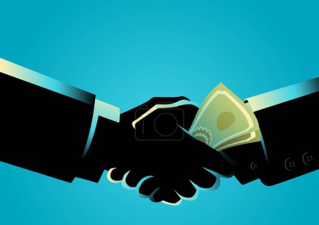 Individuals shaking hands while exchanging money, an evocative representation of bribery and corruption, captures the illicit nature of financial misconduct and the unethical agreements