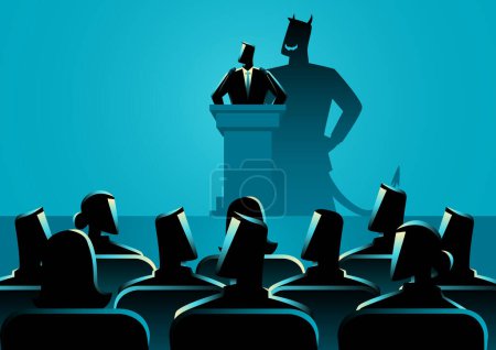 Illustration for Duality of truth and deception, man speaking at a podium, while a devilish shadow emerges from his back. The concept of post-truth, where appearances may not align with reality - Royalty Free Image