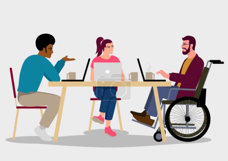 Simple flat vector illustration of three individuals with diverse backgrounds collaborating while working casually with a laptop. Captures the essence of teamwork, diversity, and inclusion