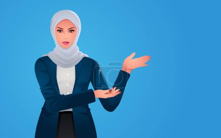Illustration for Beautiful Muslim businesswoman in elegant hijab fashion presenting a product with a two handed gesture - Royalty Free Image