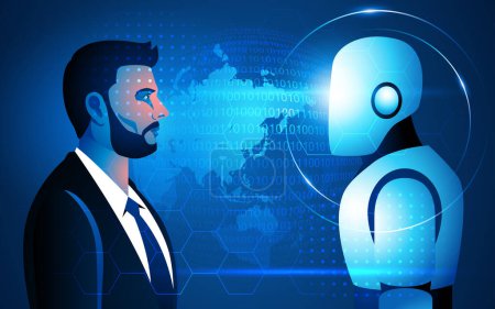 Illustration for Businessman in a face-to-face encounter with a robot, captures the essence of the human-technology interface, symbolizing the dynamic relationship between artificial intelligence and human ingenuity - Royalty Free Image