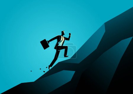 Businessman courageously running up a rough and challenging runway towards the pinnacle of a mountain, captures the spirit of perseverance and relentless pursuit of success
