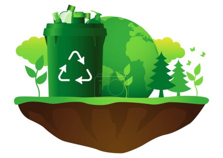 Téléchargez les photos : Image éco-conscience, corbeille symbole de recyclage remplie de déchets plastiques, décorée avec des illustrations graphiques de la Terre et des plantes vertes, l'urgence du recyclage et de la gérance environnementale - en image libre de droit