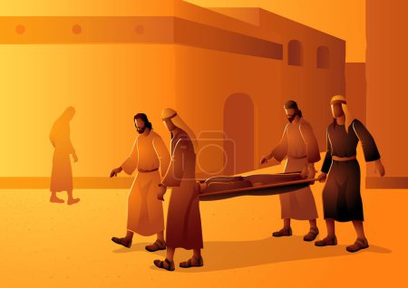 Téléchargez les photos : Série d'illustrations vectorielles bibliques, scène biblique de quatre amis portant un homme paralysé à Jésus - en image libre de droit