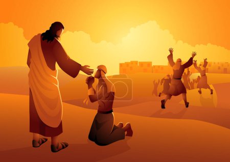Biblische Vektorillustrationsserie: Jesus heilt zehn Aussätzige, nur einer kehrt zurück, um Jesus zu danken
