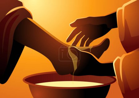 Téléchargez les photos : Série d'illustrations vectorielles bibliques, scène biblique emblématique de Jésus lavant les pieds des apôtres le Jeudi saint - en image libre de droit