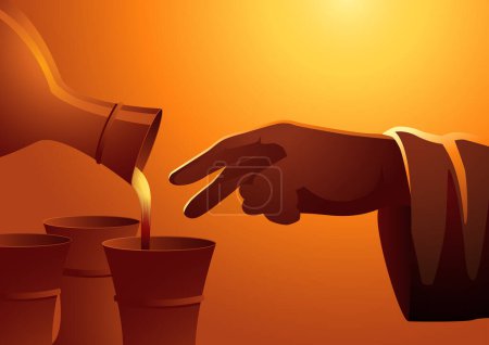 Téléchargez les photos : Série d'illustrations vectorielles bibliques. La main de Jésus bénissant l'eau pour la transformer en vin - en image libre de droit