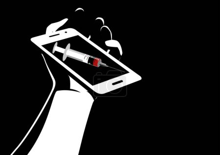 Dieses Bild zeigt eine hinkende Hand auf dem Boden, die ein Mobiltelefon mit einem Spritzenbild auf dem Bildschirm umklammert, das den Griff der Social-Media-Sucht symbolisiert.