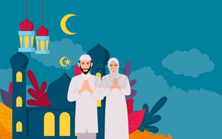 Téléchargez les photos : Illustration simple et plate d'un couple vêtu de costumes musulmans traditionnels, chaleureusement salutations sur fond de mosquée et de couleurs vives - en image libre de droit