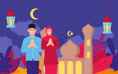 Téléchargez les photos : Illustration simple et plate d'un couple vêtu de costumes musulmans indonésiens traditionnels, salutations chaleureuses sur fond de mosquée et de couleurs vives - en image libre de droit