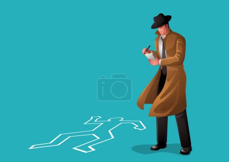 Téléchargez les photos : Illustration vectorielle d'un détective avec note sur la scène de crime - en image libre de droit