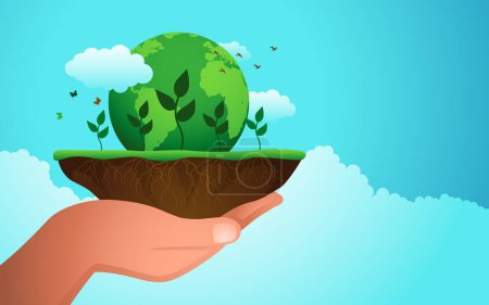 Hand hält einen Erdklumpen mit einem jungen Baum und dem Planeten Erde darüber, ein Symbol des Umweltbewusstseins, das die Vision einer nachhaltigen Erde durch Wiederaufforstung darstellt
