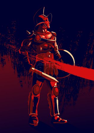 Téléchargez les photos : Illustration vectorielle de style grunge d'un gladiateur debout avec épée et bouclier - en image libre de droit