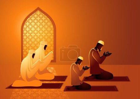 Téléchargez les photos : Illustration vectorielle de la famille musulmane priant ensemble - en image libre de droit
