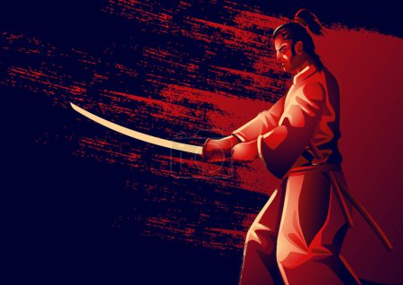 Téléchargez les photos : Illustration vectorielle dynamique en microstock, représentant un samouraï prêt pour la bataille, katana à la main - en image libre de droit
