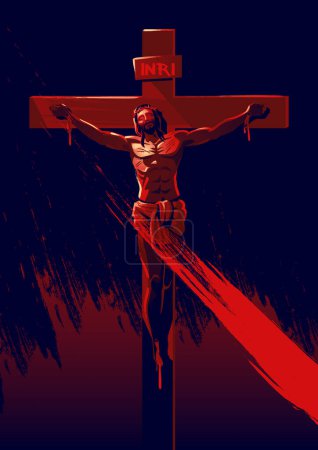 Ilustración vectorial estilo grunge de Jesús en la cruz llevando una corona de espinas