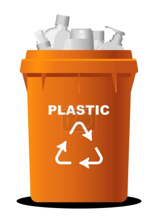 Téléchargez les photos : Image éco conscience, symbole de recyclage corbeille orange pleine de déchets plastiques, l'urgence du recyclage et de la gérance de l'environnement - en image libre de droit