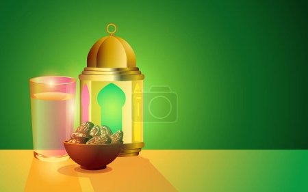 Ilustración vectorial de un tazón de dátiles, una linterna y un vaso de agua sobre el fondo verde, tradición de romper rápido durante el Ramadán y la hospitalidad islámica tradicional
