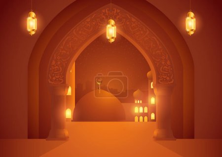 Islamic decorative door and pillars, offering a view of a mosque and cityscape. Ideal for cultural promotions, travel related content, or any project celebrating Islamic holidays