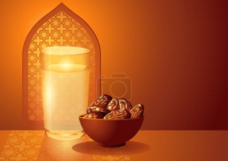 Téléchargez les photos : Illustration vectorielle d'un bol de dattes et d'un verre d'eau sur fond de fenêtre, tradition de rupture du jeûne pendant le Ramadan et hospitalité islamique traditionnelle - en image libre de droit