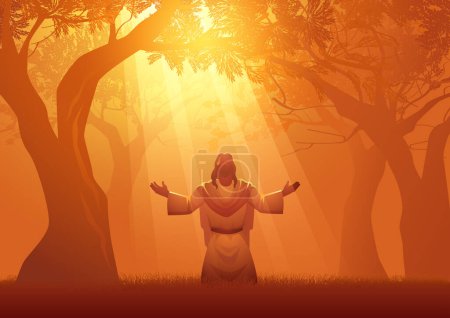 Illustration for Jesus in prayer amidst the ancient olive trees of Gethsemane. Dramatic imagery captures the solemnity and serenity of this sacred moment, as Jesus prepares for the trials that lie ahead - Royalty Free Image