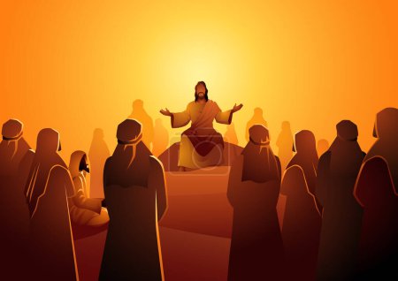 Illustration for Biblical silhouette illustration series, Jesus sits atop a rock, surrounded by his followers, and gives wisdom and counsel in the peaceful outdoors - Royalty Free Image