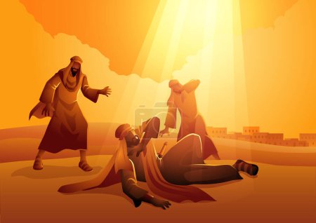 Sauls transformative Begegnung auf dem Weg nach Damaskus. Saulus, später als Paulus bekannt, wird vom göttlichen Licht niedergestreckt, das die Offenbarung und Bekehrung symbolisiert, die den Lauf des Christentums prägen würden.