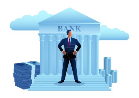 Geschäftsmann, der selbstbewusst vor einer Bank steht, umgeben von Banknoten und Münzen im Hintergrund, der Essenz des finanziellen Erfolgs, Investmentbanker, Symbol für Reichtum und Kapitalismus