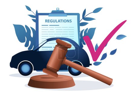 Car produced clean emissions with gavel justice and regulations document on the background, car emissions regulations vector illustration