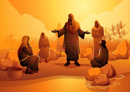 Illustration for Biblical vector illustration series, Paul and his companions meet Lydia in Philippi while spreading Christ's message. Lydia converts and warmly hosts them and fellow believers - Royalty Free Image
