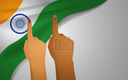Vektorillustration männlicher und weiblicher Finger mit blauer Tinte vor dem Hintergrund der indischen Flagge, Bürgerpflicht, Wahlbeteiligung, Wahlrecht und demokratisches Engagement