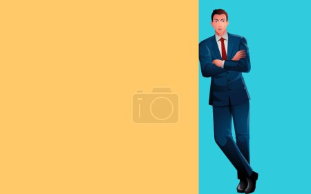 Illustration for Confidence and professionalism, vector illustration of a young businessman leaning against a wall with arms crossed, offers copy space perfect for business-related designs and promotional materials - Royalty Free Image