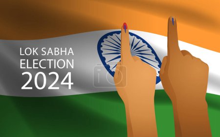 Ilustración de Ilustración vectorial de dedos masculinos y femeninos marcados con tinta azul con el telón de fondo de la bandera india, deber cívico, participación electoral, derecho al voto y compromiso democrático - Imagen libre de derechos