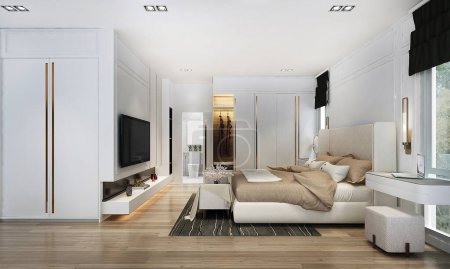 Téléchargez les photos : Modern design cozy bedroom interior and white pattern wall background, 3d rendering - en image libre de droit