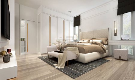 Foto de Modern design bedroom interior and white pattern wall background, 3d rendering - Imagen libre de derechos