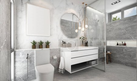 Foto de Modern design bathroom interior and white pattern wall background, 3d rendering - Imagen libre de derechos