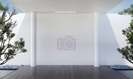 Téléchargez les photos : Mockup empty white wall of living room. Luxurious apartment background with contemporary design. Modern interior design. 3D render, 3D illustration - en image libre de droit
