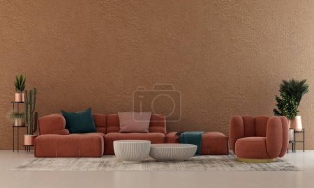 Photo for Modern living room and empty concrete texture wall background interior design. 3D rendering - Royalty Free Image
